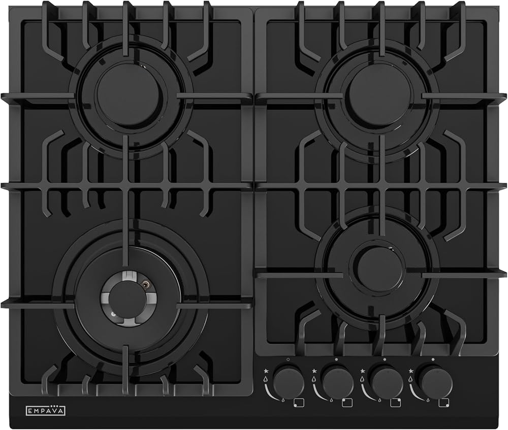 Empava 24 in. Gas Stove Cooktop with 4 Sealed Burners-Heavy Duty Continuous Grates-NG/LPG Convertible-Black Tempered Glass Su