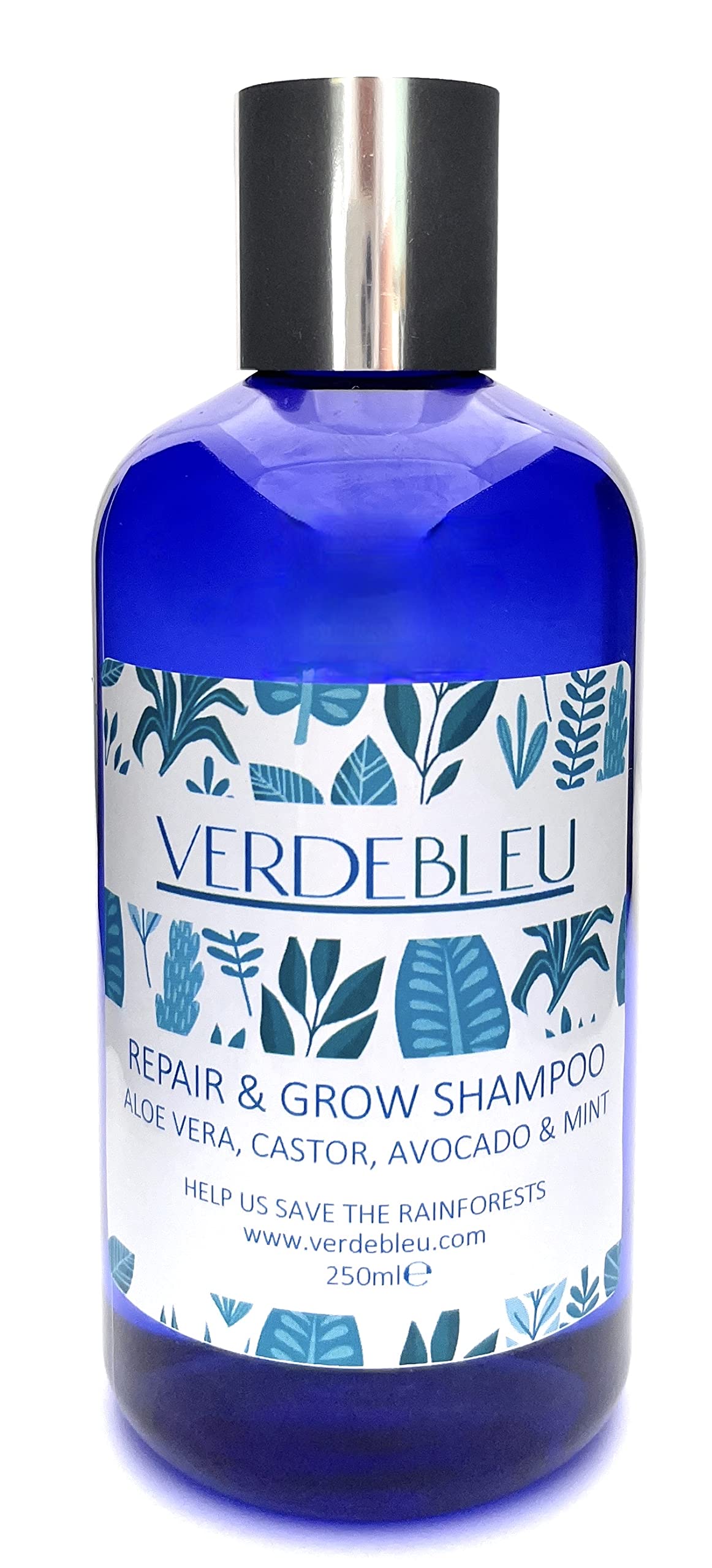 Verdebleu - 99% Natural Shampoo - Repair and Grow - Aloe Vera, Castor, Avocado, Mint. No Sulfates/Parabens, pH 5.5, Sensitive Skin. We Donate 5% of Profit to Save the Rainforest. 250ml