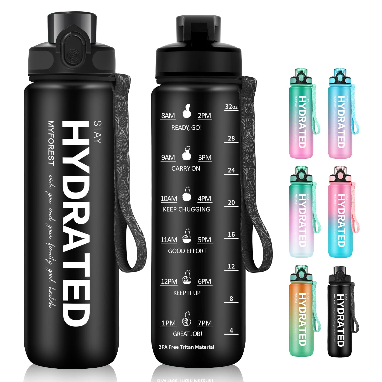 MYFOREST 1000ml/32oz Sports Water Bottle, Time Marker for Motivational Hydration, Drop-proof, BPA-free, Wide Mouth for Easy Clean: Cold/Hot/Carbonated/Cider