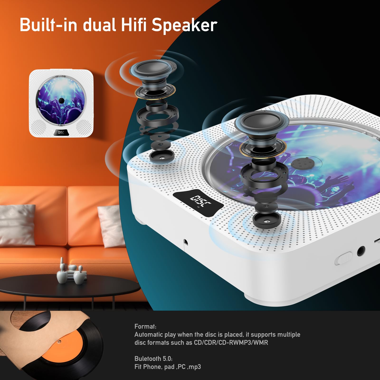 Portable CD Player with Bluetooth, Wall Mountable CD Player with Dust Cover,FM Radio,Built-in Speakers,USB Port,AUX Input,LCD Display