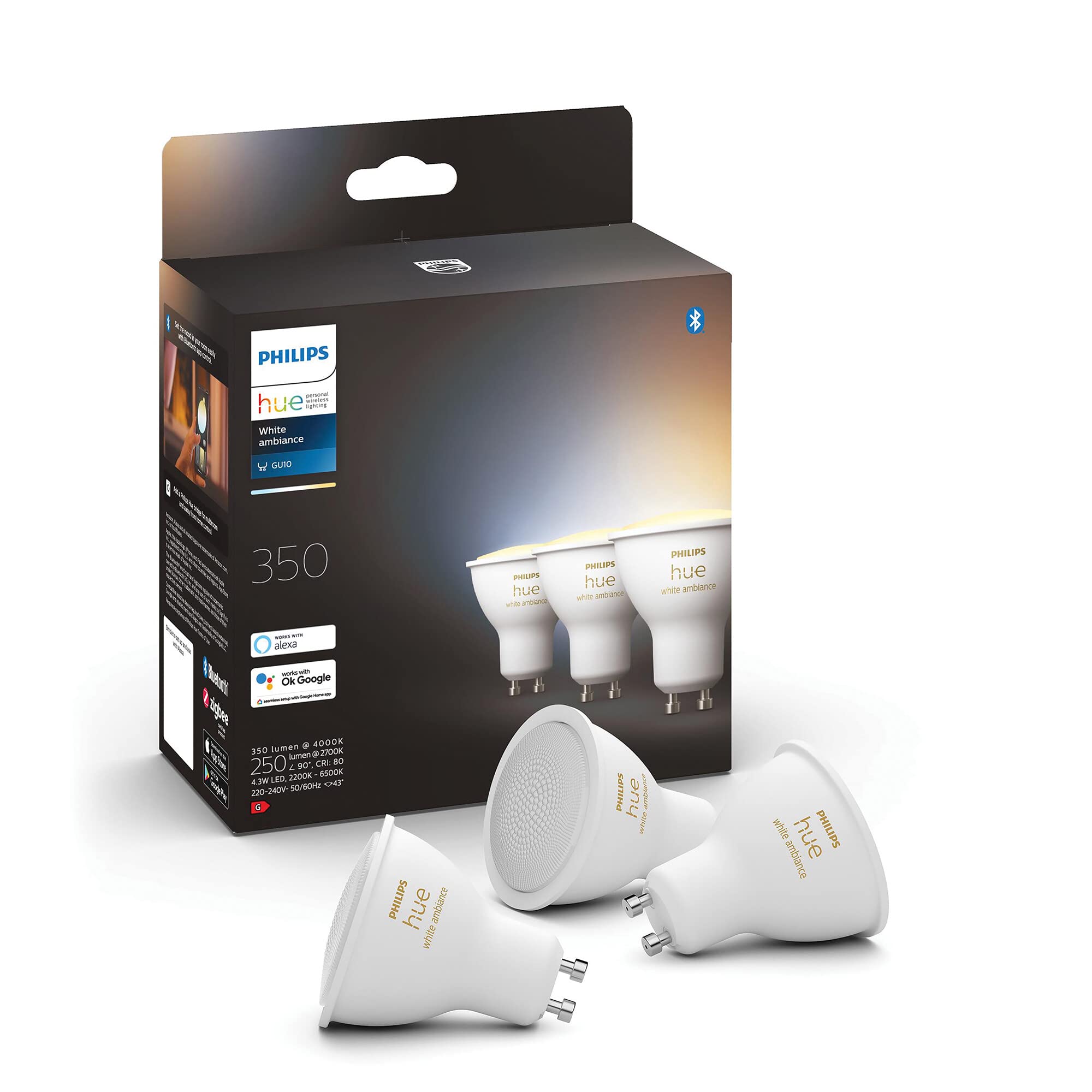 Philips Hue White Ambiance Smart Spotlight 3 Pack LED [GU10 Spotlight] - 350 Lumens (50W Equivalent). Works with Alexa, Google Assistant and Apple Homekit