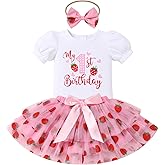 ODASDO Baby Girls First Birthday Cake Smash Outfit Cotton Short Sleeve Romper Tiered Tutu Skirt Bowknot Headband Set