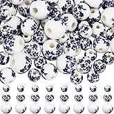 SOFPLATE 1 Box 100Pcs 3 Sizes Flower Printed Beads Porcelain Bead Bulk Blue Ceramic Round Handmade Blue Flowers Floral Pattern Loose Spacer Mini Beads for Jewelry Making Bracelet Necklace DIY Crafts