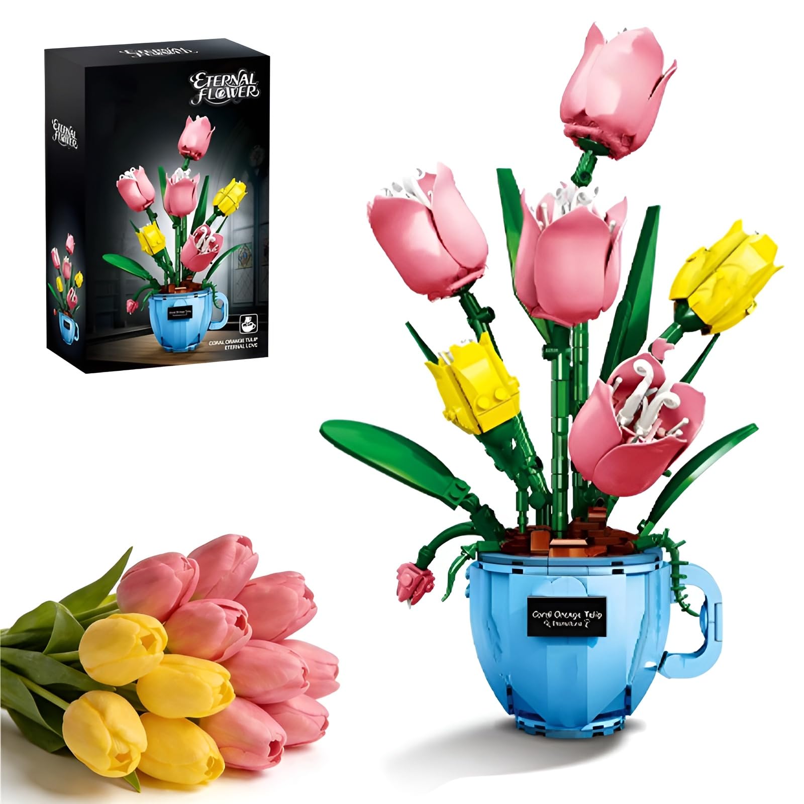 Tulip Coffee Cup Bonsai Building Blocks Kit, 551PCS Flower Botanical Collection Model for Home Decor, Artificial Floral Bricks Set, Great Gifts for Birthday and Anniversary for Him and Her(3034)