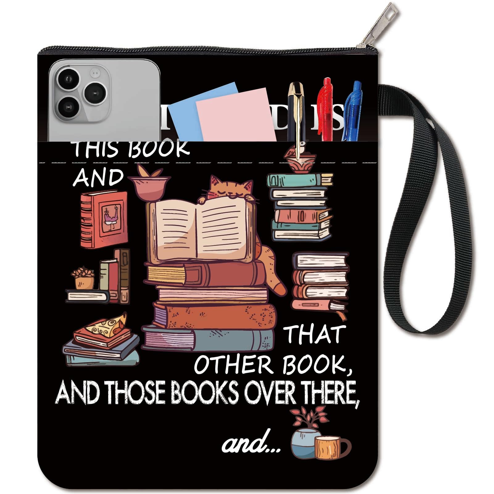 CRASPIRE Black Book Covers Book Pattern Book Sleeve Words Cat Book Protector for Paperbacks Washable Fabric Cloth Book Cover with Zipper and Extra Sleeve Pocket for Book Lovers Classmate Gifts