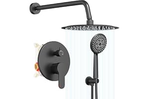 Gabrylly Black Shower System, Pressure Balance Shower Faucet Set, 12" Stainless Steel Rain Shower head with 5-Mode Handheld Shower Spray Combo,High Pressure Rainfall Shower Head Set, Matte Black