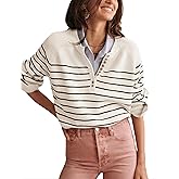 Hongsui Women's Color Block Striped Sweaters Button Up Crewneck Pullover Ribbed Knit Sweater Tops