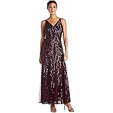 NIGHTWAY Women's Long Sleeveless Beaded Evening Gown - Elegant V-Neck & V-Back Formal Dress W/Mesh Godet Insets
