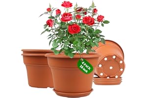 POTTIFFE 16 inch Plastic-Flower-Pot-for-Indoor-Plants, 4 Pack Large Outdoor Planter Pot with Drainage Holes & Saucers, Resin Decorative Garden Pots Planters