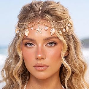 CAKURE Boho Seashell Head Chain Gold Mermaid Headpiece Jewelry for Women | Layered Forehead Chain Beach Wedding Hair Accessor