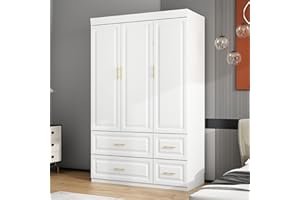 MOUMON 3 Door Wardrobe Closet with Drawers & Shelves, Armoire Wardrobe with Hanging Rod, Gold Metal Handles, Bedroom Armoire Closet White (47.2”W x 20.6”D x 74.2”H)