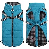 Geyecete Winter Warm Coat Waterproof Jacket with Harness Traction Belt,Pet Outdoor Jacket for Medium, Small Dogs - Blue
