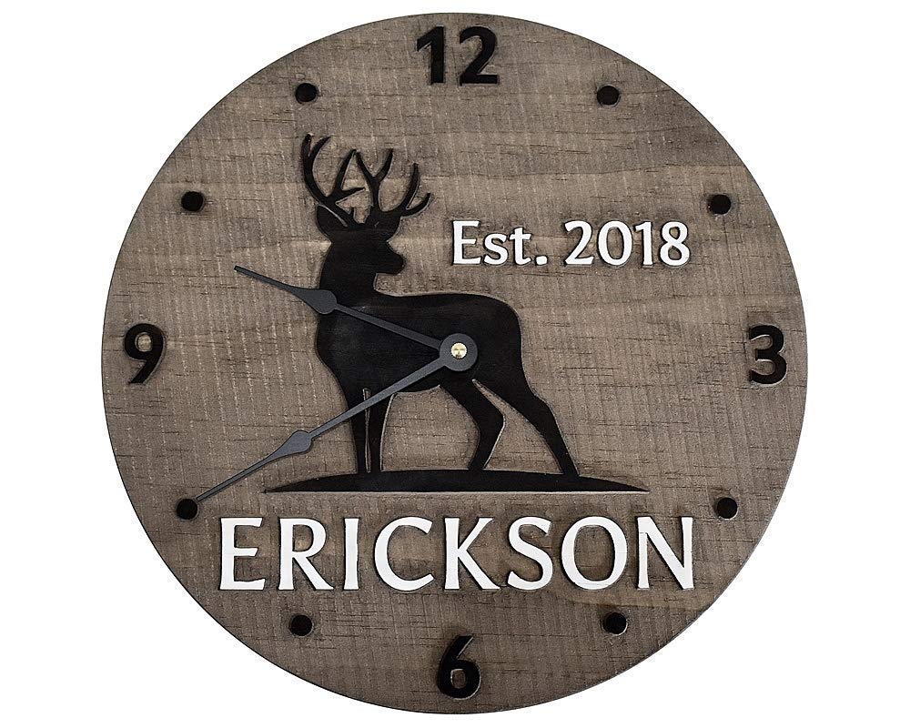 Rustic 11 Inch Wooden Deer Clock Personalized with Last