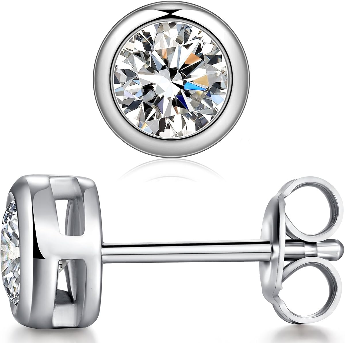 Bezel Stud Earrings Sterling Silver Round Cut Cubic Zirconia Stud