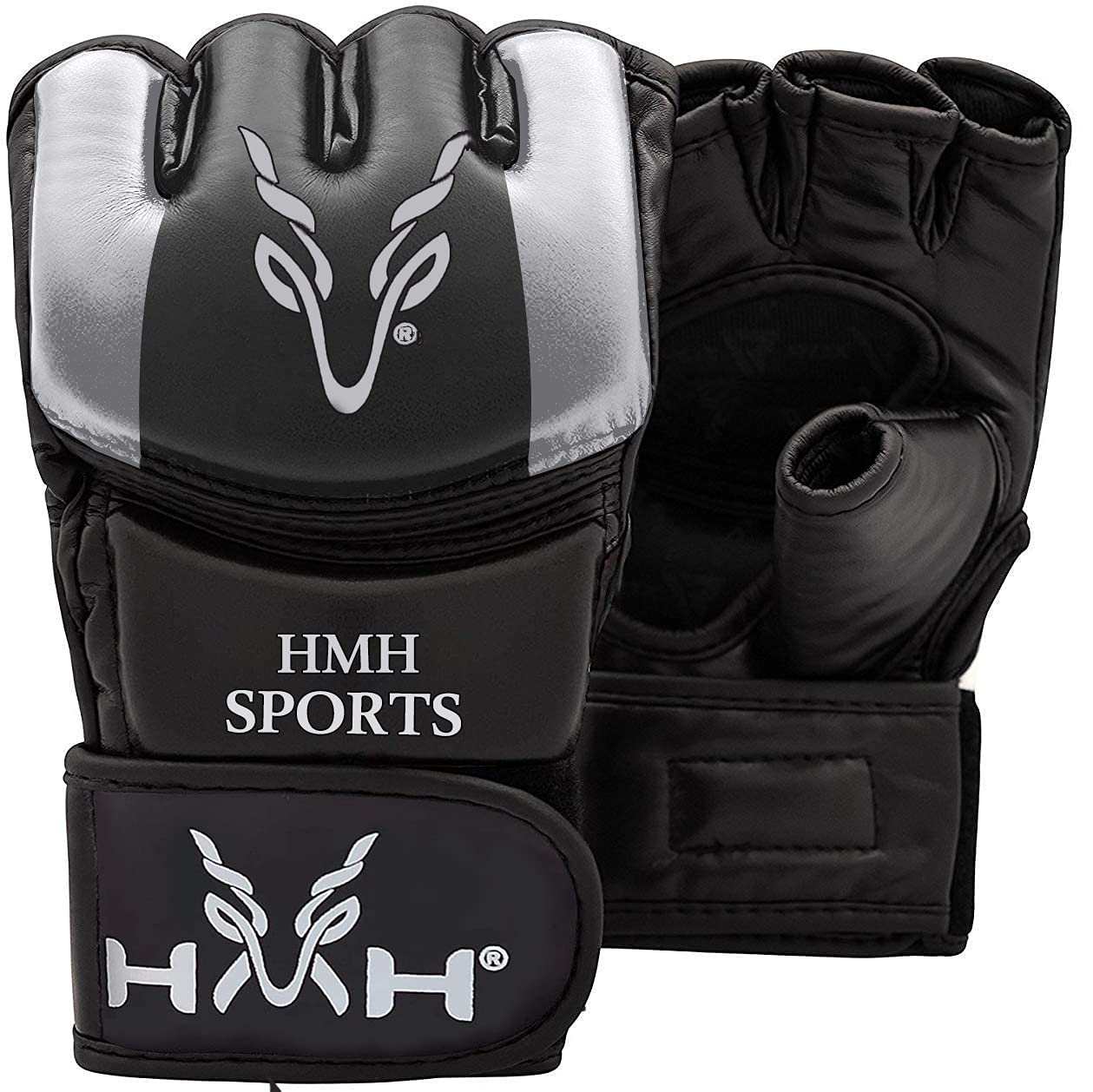 HMH Sports MMA Gloves for Grappling Martial Arts, Open Palm Maya Hide ConvEX Leather Sparring Mitts for Cage Fighting, Kickboxing, Punching Bag, Muay Thai and Combat Training (Silver, Large)