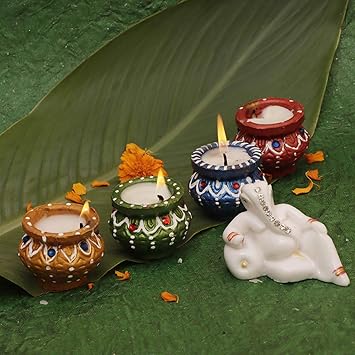 Perpetual Diwali Diya for Decoration Handmade Earthen Clay Terracotta Decorative Diya 4 Pcs Set with GaneshaTealight Candle Festival Diya Oil Lamps.