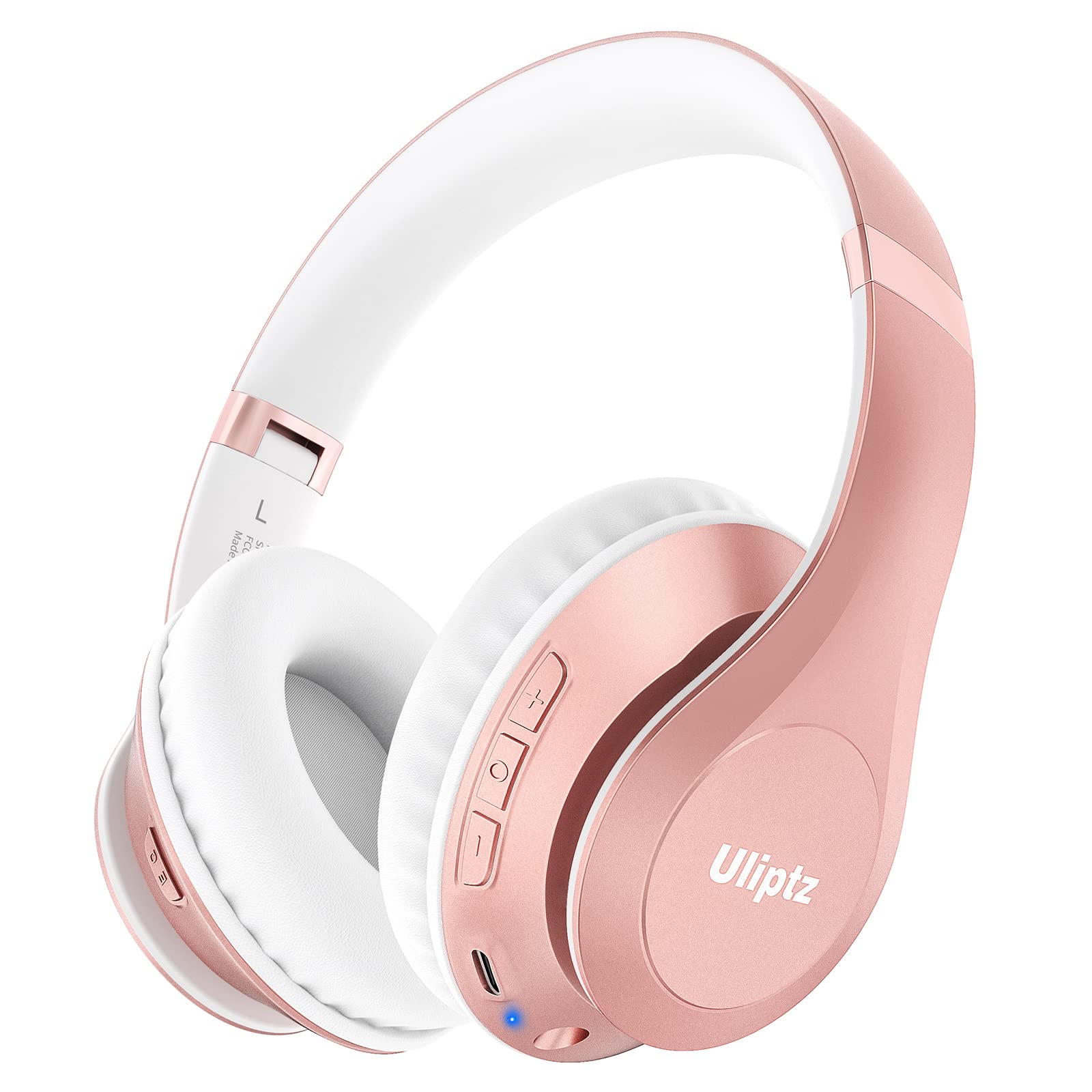 Uliptz Wireless Bluetooth Headphones, 65H Playtime Over Ear Headphones with Microphone, 6EQ Sound Modes Wireless Headphones, Foldable Bluetooth 6.0 Headphones for Office/Cellphone/PC (Rose Gold)