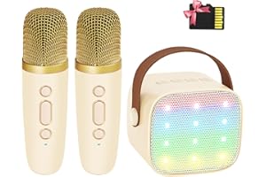 YLL Mini Karaoke Machine with 2 Wireless Microphones for Kids Adults, 18 Pre-Loaded Songs, Portable Bluetooth Speaker Gift for Girls Toys 4, 5, 6, 7, 8, 10, 12+ Years Old Teens Birthday(Beige)