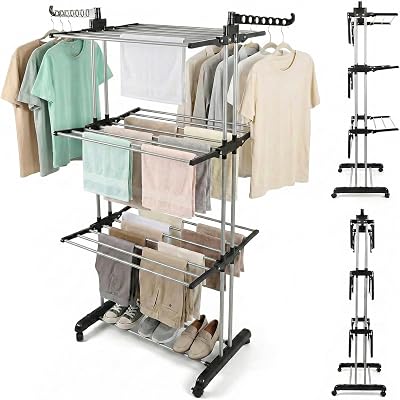 Rainberg 4-Tier Clothes Drying Rack with Wheels, Adjustable Stainless Steel