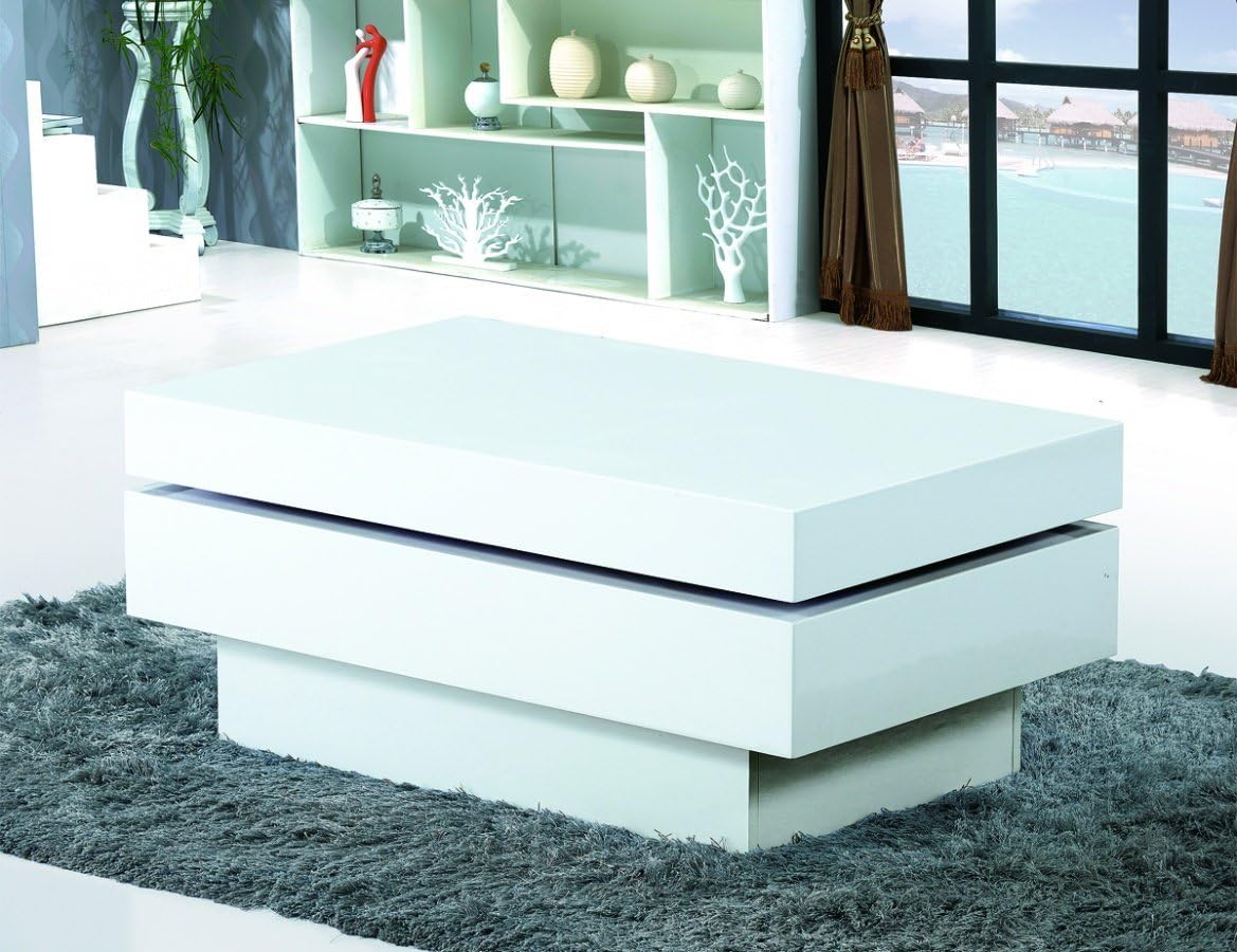Requiredgoods Modern Movable White High Gloss Coffee Table - Stylish Living Room Furniture High Gloss Center Table 1000W x 600D x 420H White