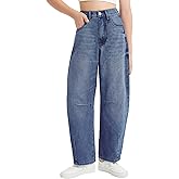 EXARUS Girls Wide Leg Jeans Baggy Barrel Cropped Ankle Length Denim Pants Mid Rise Elastic Band with Pockets Kids 6-14Y