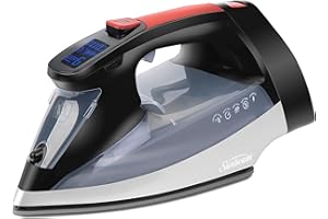 Sunbeam Professional 1700W Digital Steam Iron, 11-Heat Settings, Multi-Color LCD Display Screen, Precision Ironing, Horizontal or Vertical Shot of Stem, 8' Retractable Cord, Black and Red