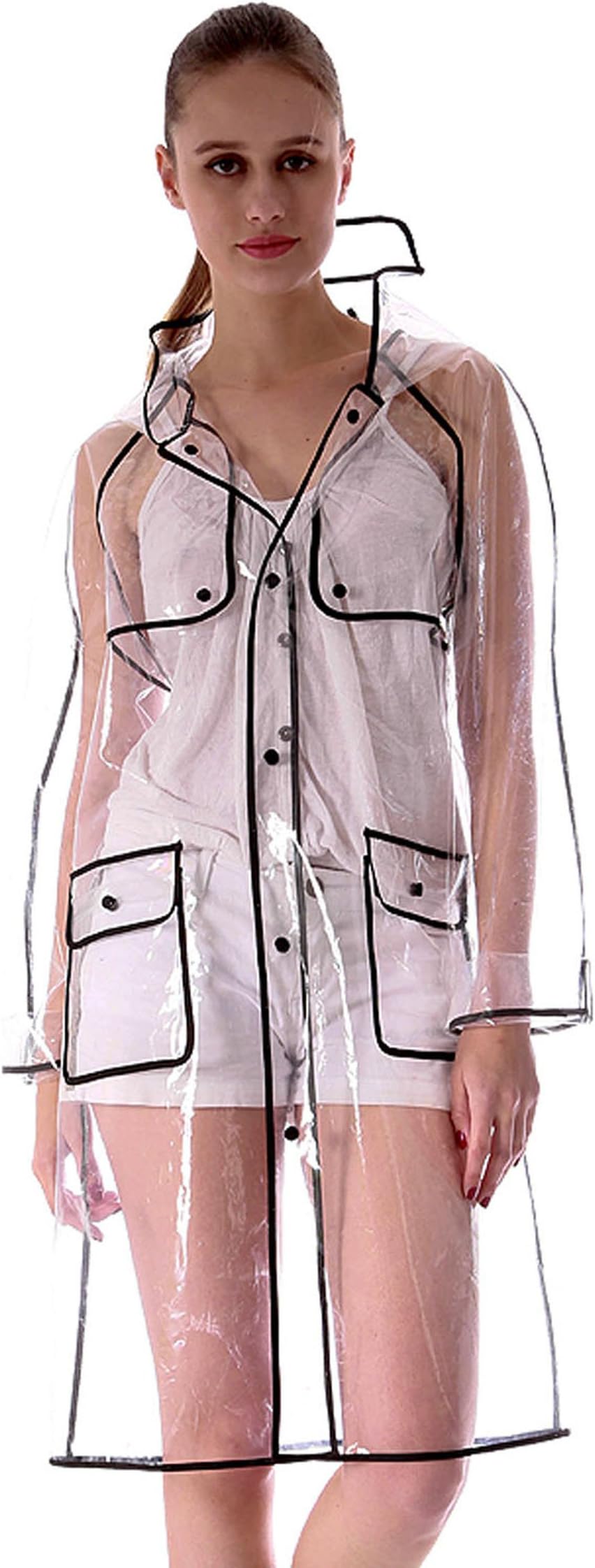 KISSFEEL Womens Waterproof Transparent Rainwear,PVC Portable Hooded Raincoat