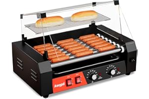 AWGPD Hot Dog Roller 7 Rollers 18 Hot Dogs Capacity 1050W Stainless Sausage Grill Cooker Machine with Dual Temp Control Glass Hood Acrylic Cover Bun Warmer Shelf Removable Oil Drip Tray (7 Rollers)