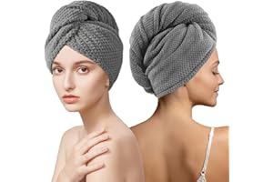 MaopaoBeauty 2Pack Long Hair Head Turban Wraps with Pineapple Plaid Design Microfiber Hair Towel Wrap with Double Buttons to Dry All Wet Hair Style Quickly(2pcsGray)