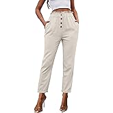 Fakanhui Women's Linen Work Pants Summer Dressy Casual Business High Waist Paperbag Cropped Pants Trouser