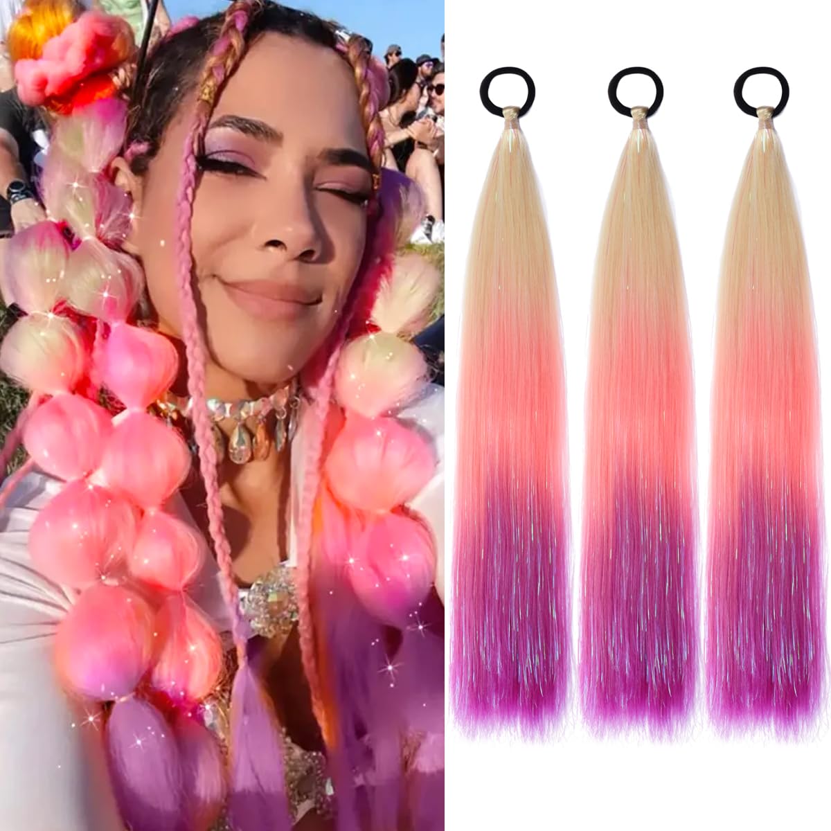 PORSMEER 3 Pcs Rainbow Hair Extensions With Elastic Tie,3 Tone Mermaid Hair for Braiding Crochet,Synthetic Braided Ponytail Extension for Women,Glitter Hair for Festival/Party(Blonde/Pink/Purple) — image 1