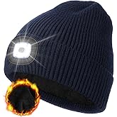 MELASA Winter Fleece Lined LED Beanie, USB Rechargeable Hand Free Warm Hat with Light Built in, Gifts for Men Dad Husband Him