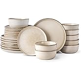 GBHOME Ceramic Dinnerware Sets for 8, 24 Pieces Stoneware Plates and Bowls Sets, Scratch Resistant Dishes, Dishwasher & Microwave Safe, Reactive Glaze-Cappuccino