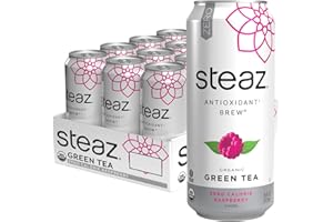 Steaz - Organic Green Tea - Zero Calorie Raspberry (12 Pack) - Antioxidant Brew - 65mg Natural Caffeine, Vitamin C - Stevia Sweetened Iced Tea - Vegan, Fair Trade - 12 Cans, 16 fl oz (473mL)