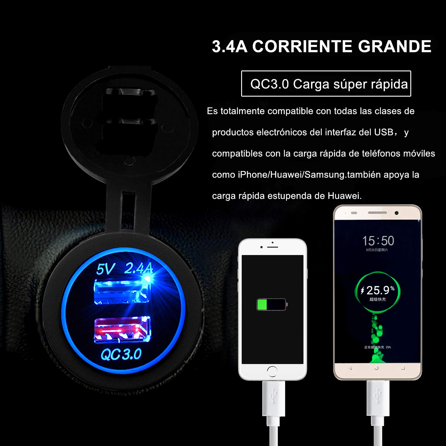 ShinePick 3.0 Cargador Rapido,12V/24V Cargador Coche Impermeable, Adaptador Cargador para Coches, Barcos y Marino, Motos, Camiones, SUV, UTV y Más-(Led ...