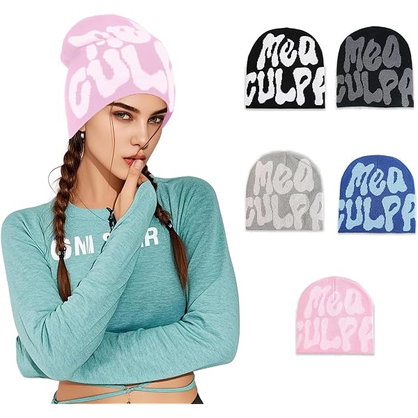 Y2K Beanies MEA Culpa Dupes Strickmütze Buchstabendruck Slouchy Skull Cap - Totenkopf Mütze Für Herbst Winter