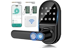 Smart Door Lock with Handle (Gateway), 7 in 1 Fingerprint Door Lock Remote App Control, Password, IC Card, Keys, NFC, Built-i