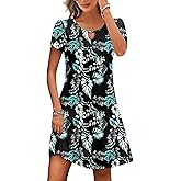 HOTOUCH Women's Casual A-Line Dress with Pockets Summer Beach Floral Tshirt Dress Short Sleeve Mini Dress Flowy Sundresses