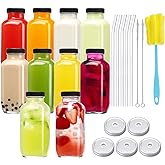 CUCUMI 10pcs 16oz Glass Juice Bottles with Lids, Reusable Juice Containers Drinking Jars Water Cups with Brush, Glass Straws, Lids with Hole | 10pcs, with Lids, Reusable, Juice Containers, Drinking Jars, Water Cups