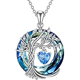 TOUPOP Tree of Life Birthstone Necklaces 925 Sterling Silver Irish Celtic Tree Pendant with Austrian Crystal Birthday Jewelry for Women Valentines Day Gifts for Her Wife Mom