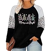 NANYUAYA Plus Size Merry Christmas Shirt for Women Christmas Tree T-Shirts Leopard Plaid Raglan Long Sleeve Shirts