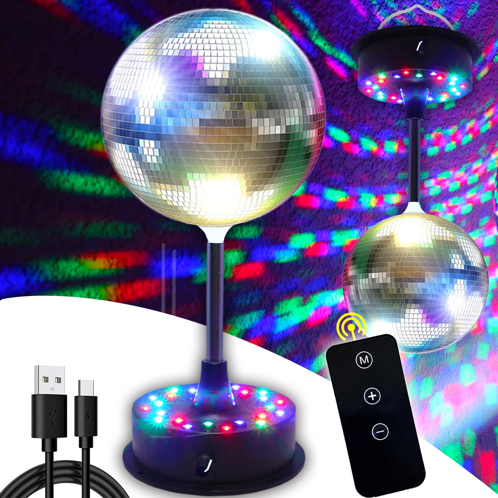 Photo 1 of Remote Control 6 Inch Rotating Mirrors Disco Ball Light with 5RPM-9RPM Adjustable Rotary Motor 24 RGB LED Mood Lights Great for Home Party Dance Holiday Christmas Decoration?USB/Battery Powered?