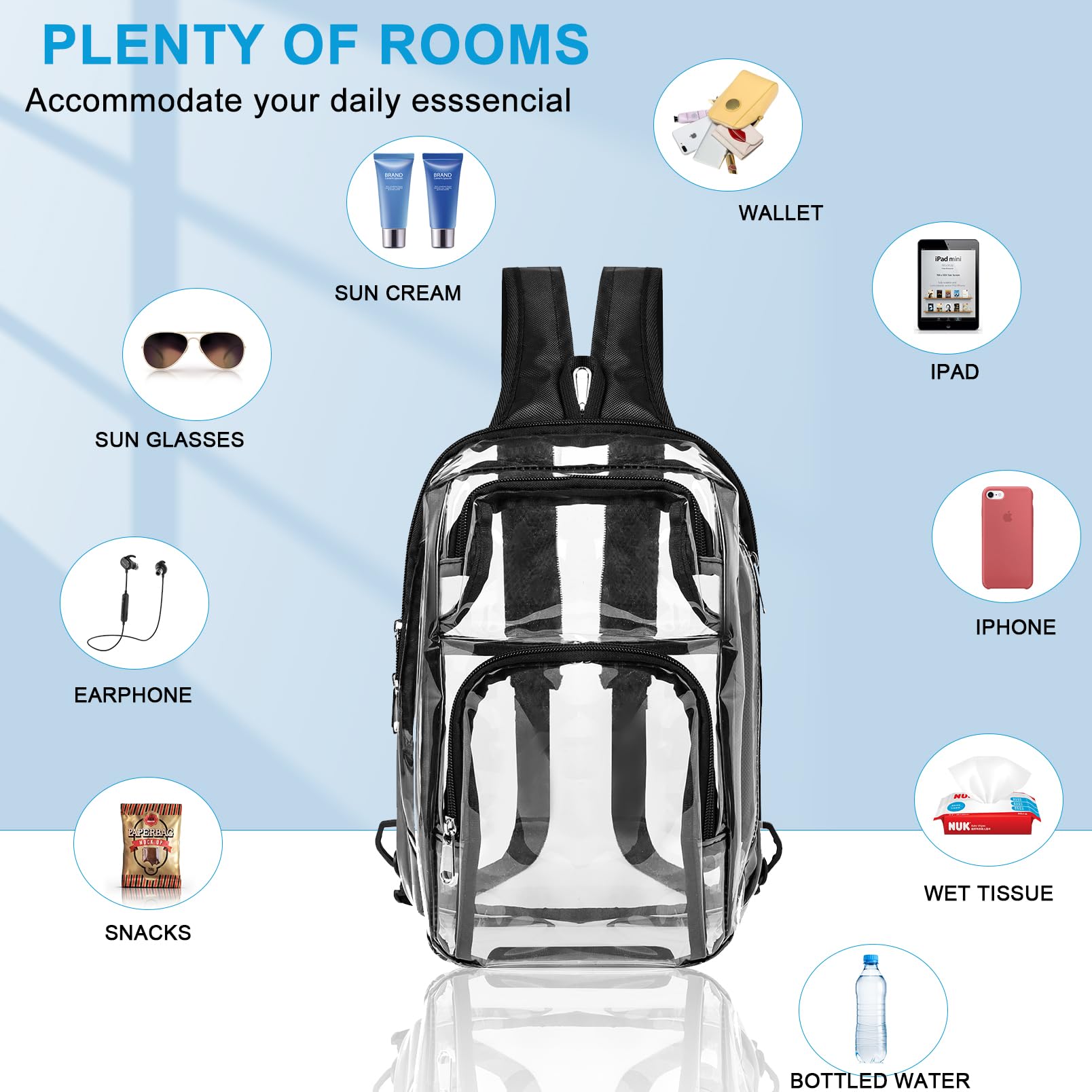 Clear Backpack Stadium Approved with Adjustable Reinforced Straps, 3 in 1 Clear Crossbody Bag for Festivals and Games (Black)