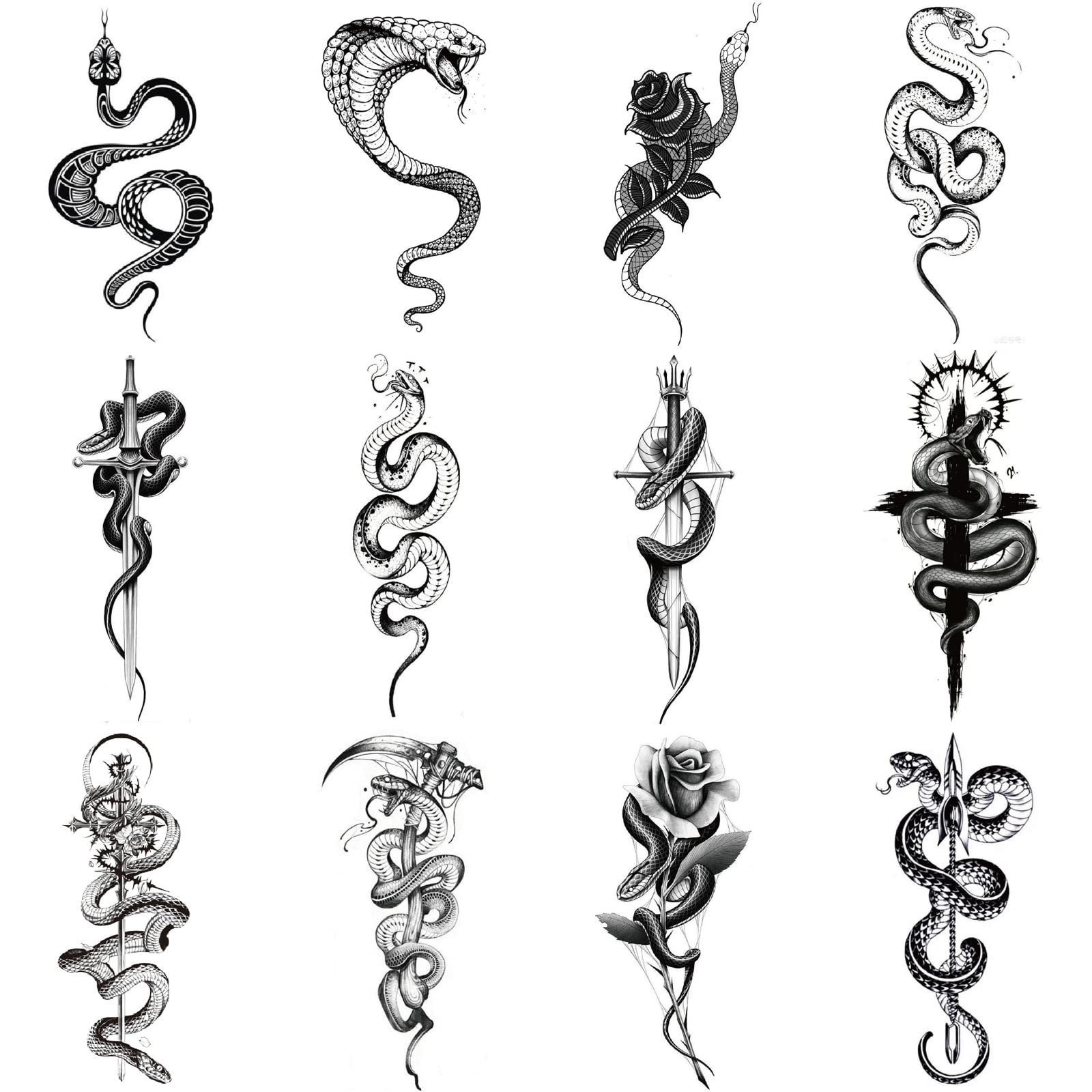12 Sheets Temporary Tattoos Snake, Men's Fake Tattoo Stickers, Death Eater Tattoos Temporary, Suitable for Temporary Self-Tattoo (Snake)