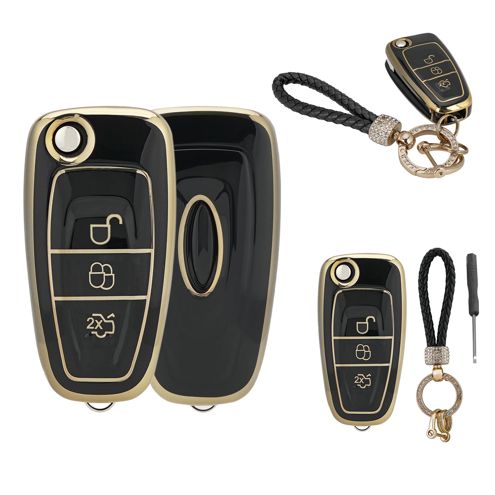 TPU For Ford Key Fob Cover For Ford Transit MK3 Mondeo Fiesta Grand S-Max C-Max Kuga Galaxy Custom Connect Car Key Shell Cover Ford Focus with Keychain Screwdriver(Black)