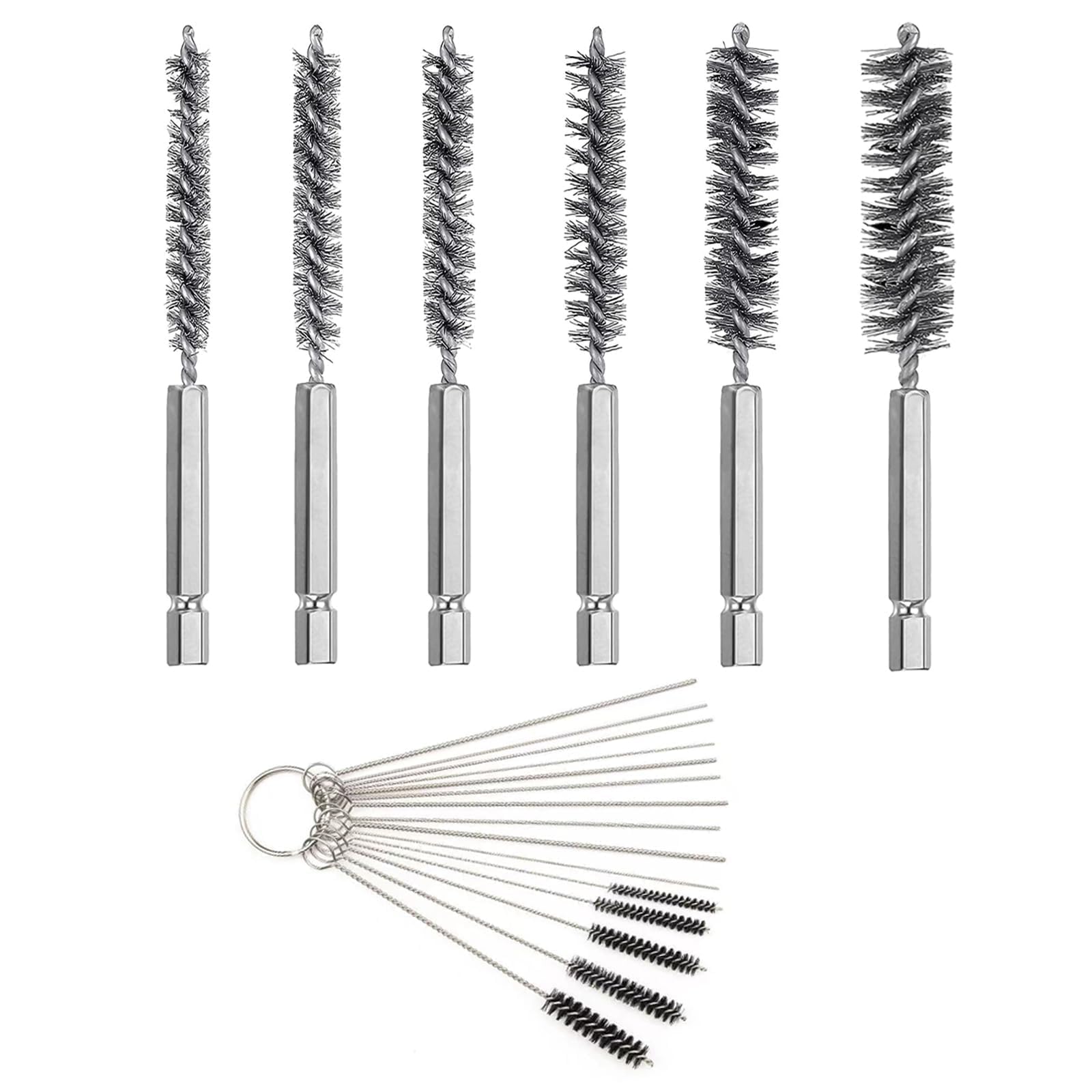 Oiieco 21 Pcs Wire Bore Brush Set, 6 Stainless Steel and 15 Nylon Tube Cleaning Brushes with 1/4 Inch Hex Shank, Drill Cleaning Tool Kit for Tubes, Ports, Bearings, Automotive and Workshop Use