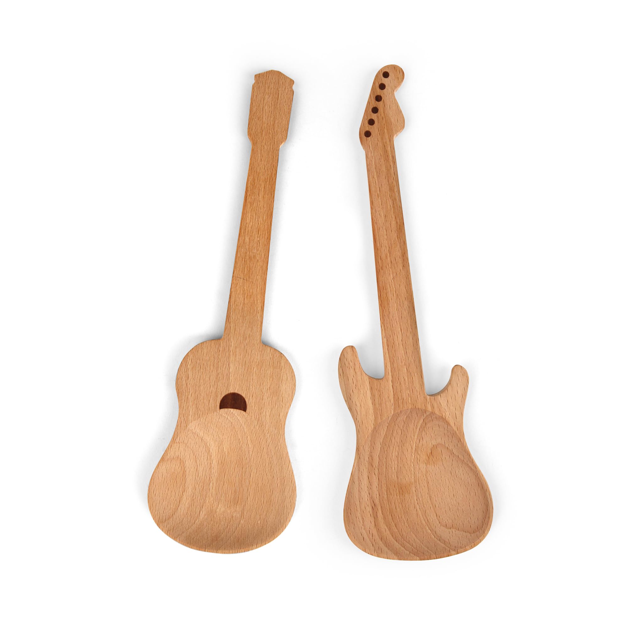 Kikkerland Guitar Style Rockin Wooden Novelty Spoons, Long Handle Serving Utensils Set, Heat Resistant, Brush and Fork for Music Lovers, Set of 2