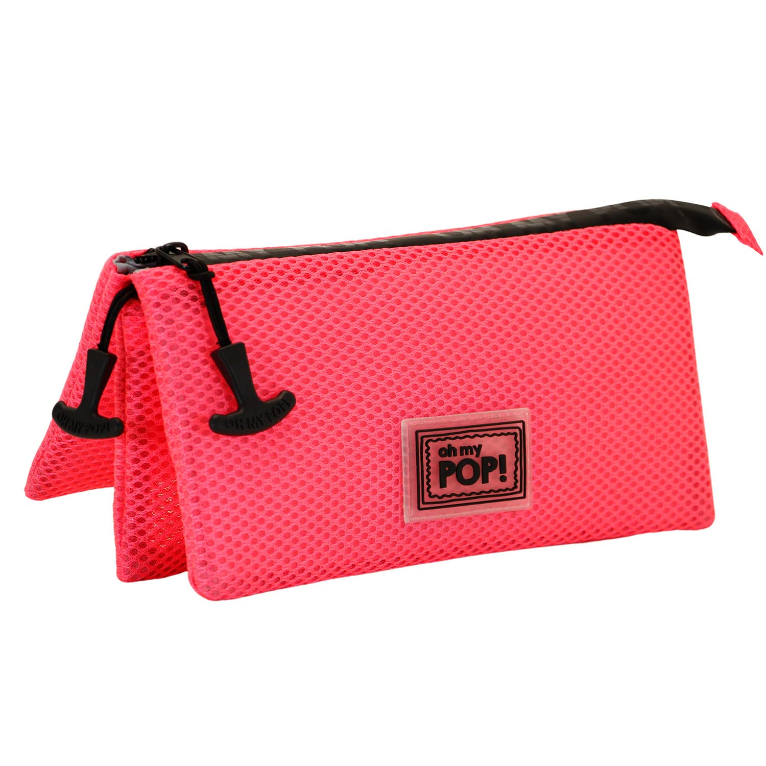 Oh My Pop! Fucsia Neon-Mesh Triple Pencil Case, Pink