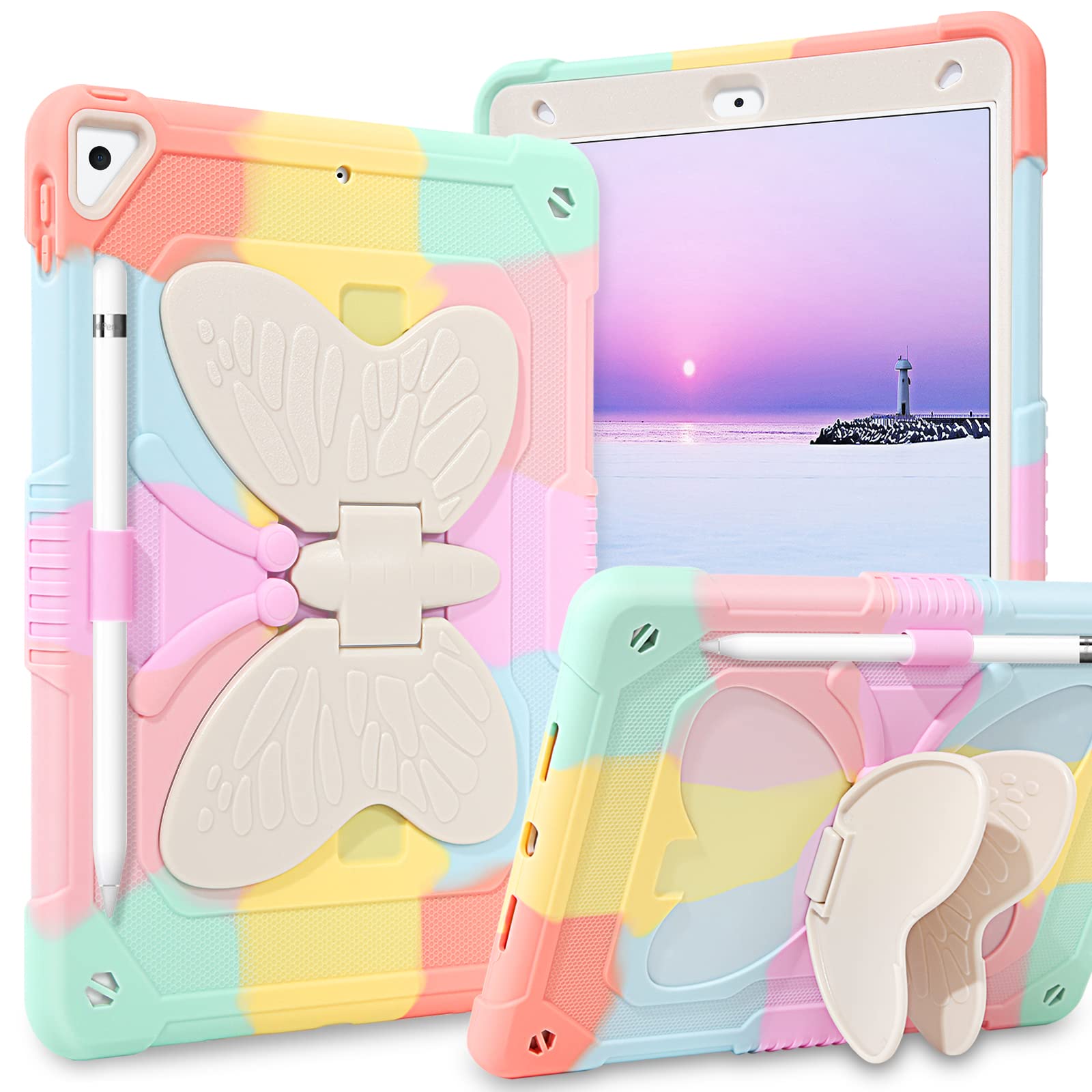 BENTOBEN Kids Case for iPad 9th / 8th / 7th Generation (2021/2020/2019) 10.2 inch, 2 Layer Rugged Shockproof Full Body Protective Case with Butterfly Stand Boys Girls Kids for iPad 10.2 inch, Rainbow