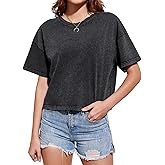 Wrenpies Cotton Loose Crop Tops for Women Acid Wash Cropped T Shirts Trendy Vintage Basic Tees Casual Short Sleeve Tshirt